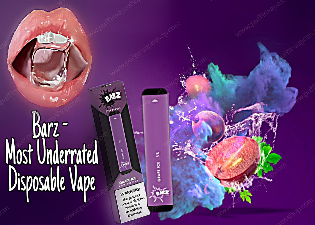 Barz Disposable Vape pen image includes floating lips with an ice cube in between them on the top left corner. Featuring the Grape Ice salt nicotine electronic cigarette in the middle with a cloud of purple smoke. Text reads - Barz - Most Underrated Vape