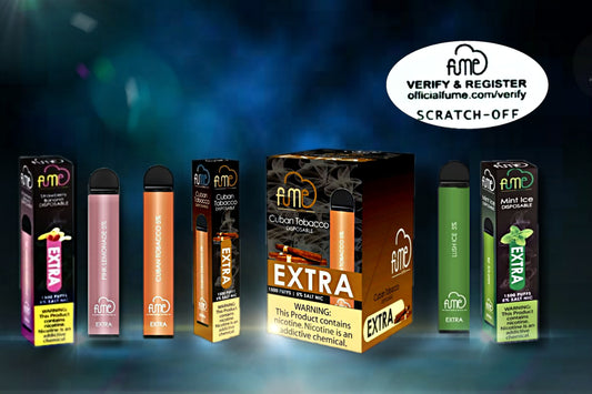 Fume Extra Verify and Register sticker example with Cuban Tobacco display box (12-piece-box), package and individual 1500 puff disposable vape. Smoke in background. 