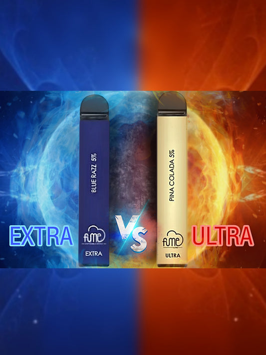 Fume Extra VS Fume Ultra disposable Vapes wrapped in a circle of blue and yellow smoke. The flavors displayed are Blue Razz Extra and Pina Colada Ultra. The Ultra is bigger than the Extra.