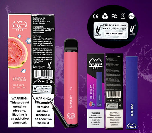 Puff Bar boxes and devices with magnifying glass on scratch off code and verification sticker floating above. Purple background with smoke. Guava Ice and Blue Razz flavor example included
