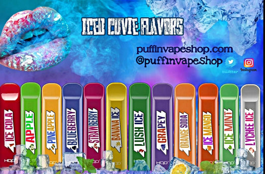 HQD Cuvie V1 Disposable Vaporizer - Displays "Iced” (menthol) Cuvie flavors, including Ice Colac Apple Crush, Pineapple, Blueberry, Strawberry, Banana Ice, Lush Ice, Grapey, and others. Frozen lips releasing vapor. All Ice flavors are in article