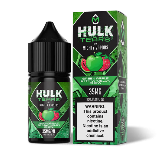 Green Apple Straw-Melon Chew by Mighty Vapors Hulk Tears Salt Series E-Liquid 30mL (Salt Nic) with Packaging
