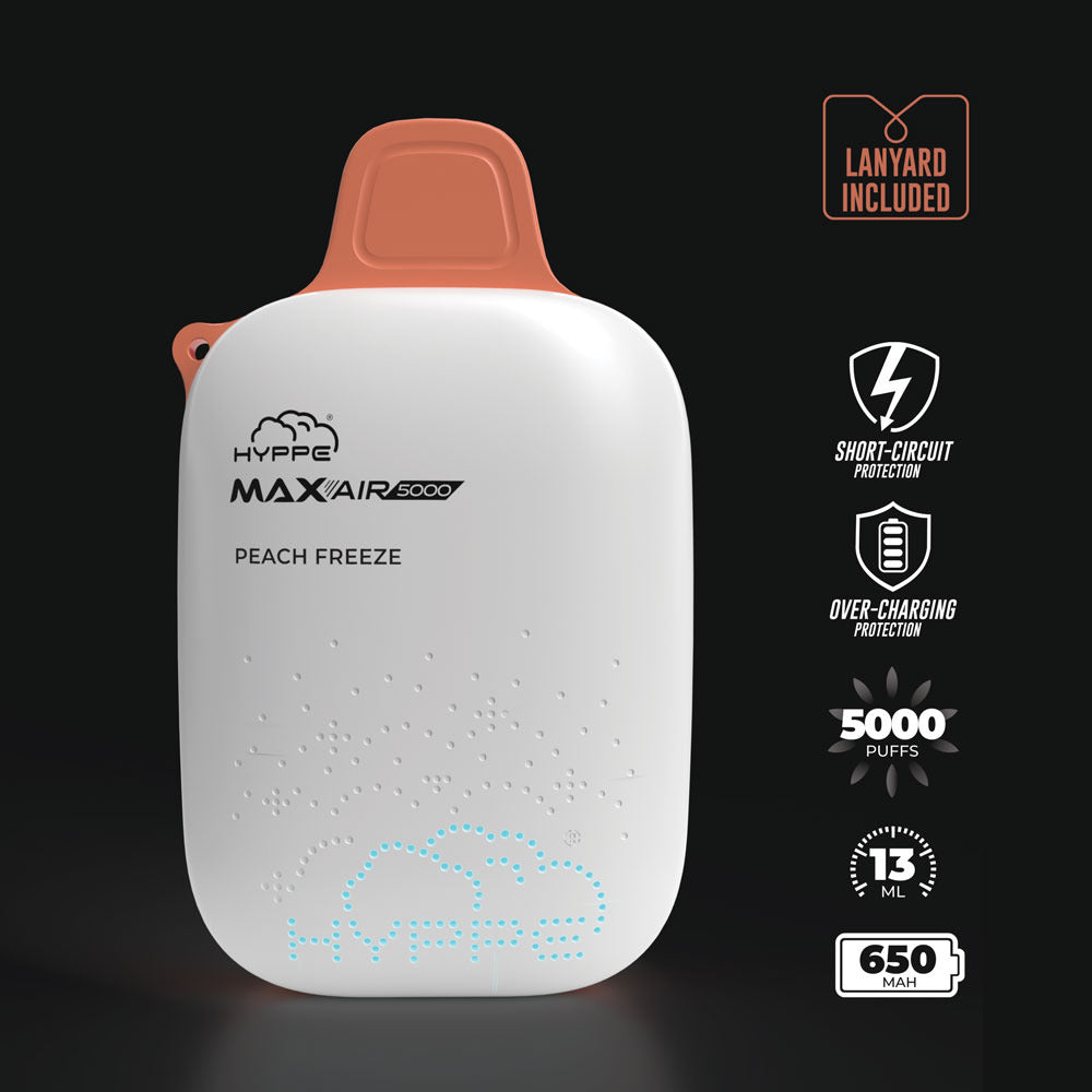 Max Air Disposable | 5000 Puffs | 13mL | 50mg Peach Freeze	 Lanyard Included