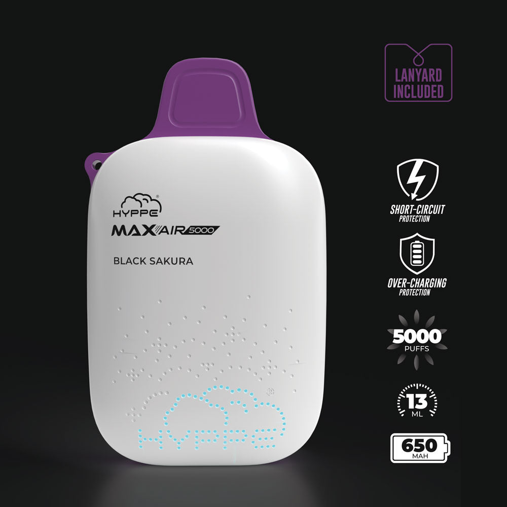 Max Air Disposable | 5000 Puffs | 13mL | 50mg Black Sakura	 Lanyard Included