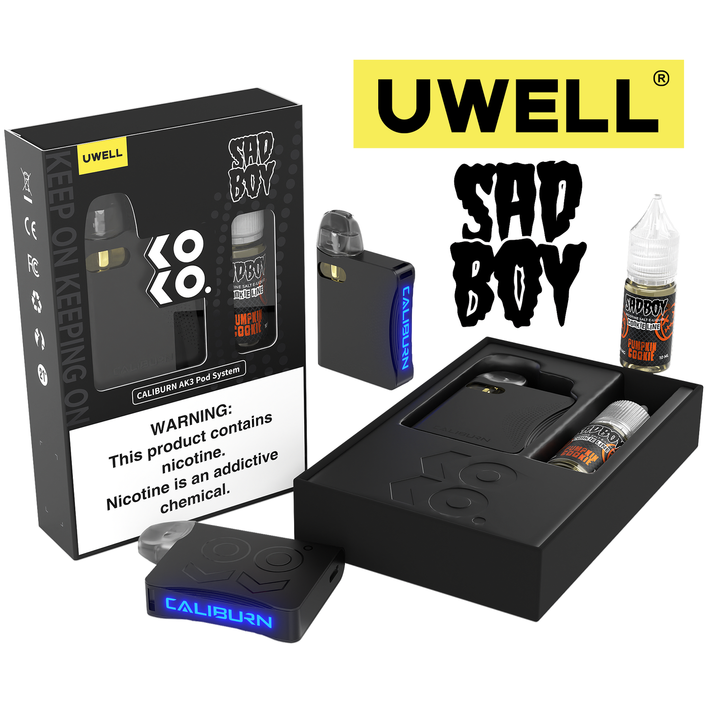 Uwell Caliburn AK3 Kit + A3S 0.8ohm Pods (x2) + Daddy's Vapor 10mL Salts 50mg Black - Flavor: Pumpkin Cookie 50mg with Packaging