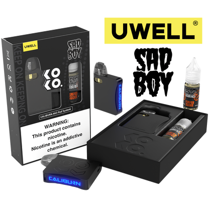 Uwell Caliburn AK3 Kit + A3S 0.8ohm Pods (x2) + Daddy's Vapor 10mL Salts 50mg Black - Flavor: Pumpkin Cookie 50mg with Packaging