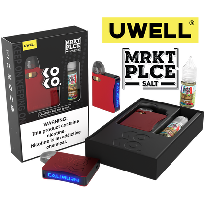 Uwell Caliburn AK3 Kit + A3S 0.8ohm Pods (x2) + Daddy's Vapor 10mL Salts 50mg Red - Flavor: Forbidden Berry 50mg Packaging