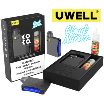Uwell Caliburn AK3 Kit + A3S 0.8ohm Pods (x2) + Daddy's Vapor 10mL Salts 50mg Grey - Flavor: Sour Watermelon Strawberry 50mg Packaging