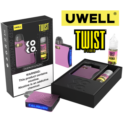Uwell Caliburn AK3 Kit + A3S 0.8ohm Pods (x2) + Daddy's Vapor 10mL Salts 50mg Pink - Flavor: Pink Punch Lemonade 50mg Packaging