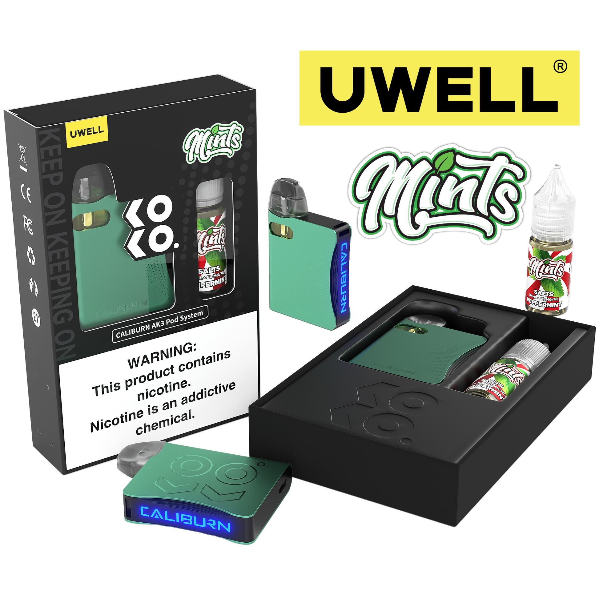 Uwell Caliburn AK3 Kit + A3S 0.8ohm Pods (x2) + Daddy's Vapor 10mL Salts 50mg Cyan - Flavor: Peppermint 50mg Packaging