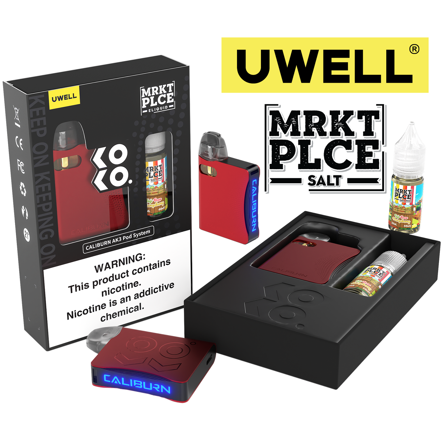 Uwell Caliburn AK3 Kit + A3S 0.8ohm Pods (x2) + Daddy's Vapor 10mL Salts 50mg Red Flavor: Fuji Pear Mangoberry Packaging