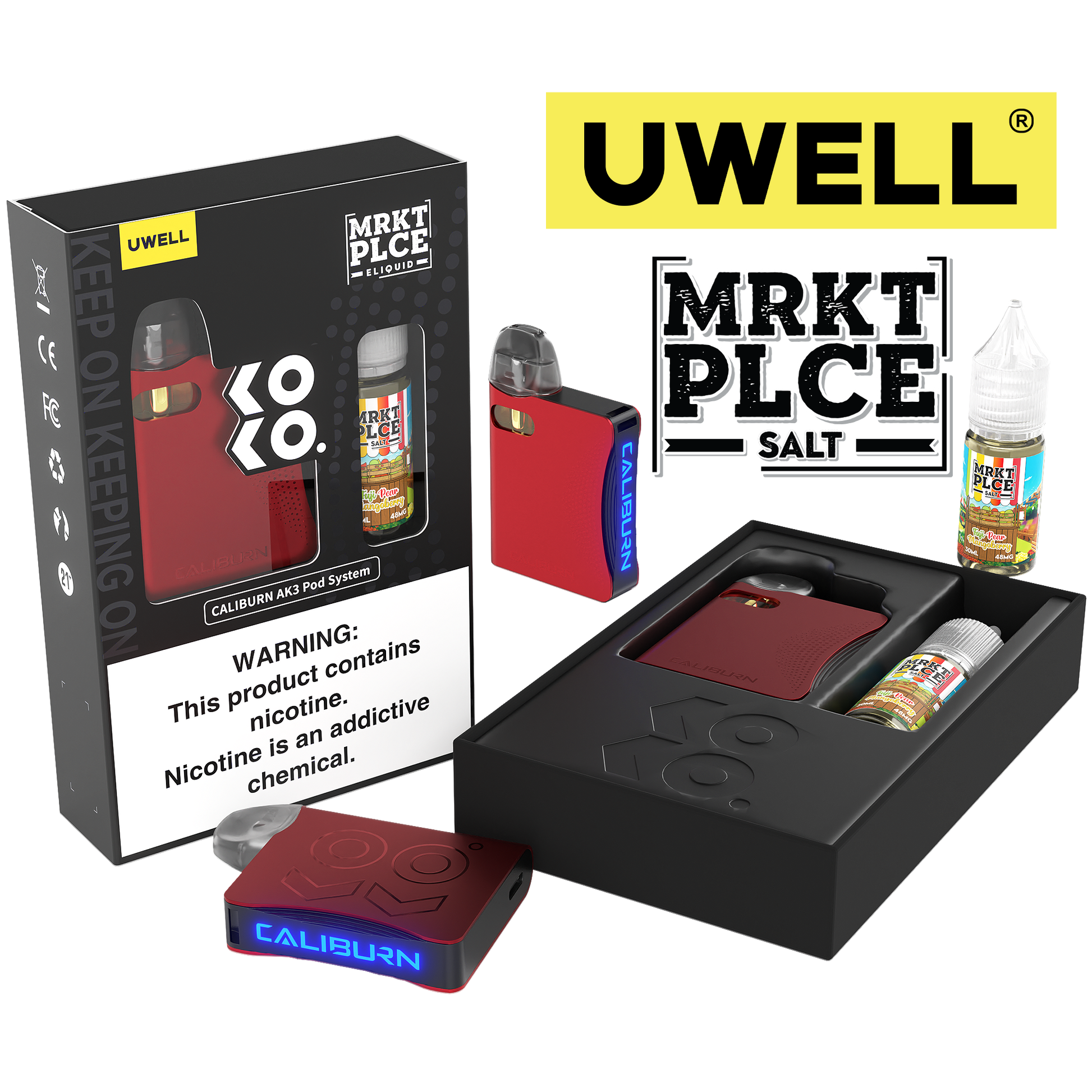 Uwell Caliburn AK3 Kit + A3S 0.8ohm Pods (x2) + Daddy's Vapor 10mL Salts 50mg Red Flavor: Fuji Pear Mangoberry Packaging