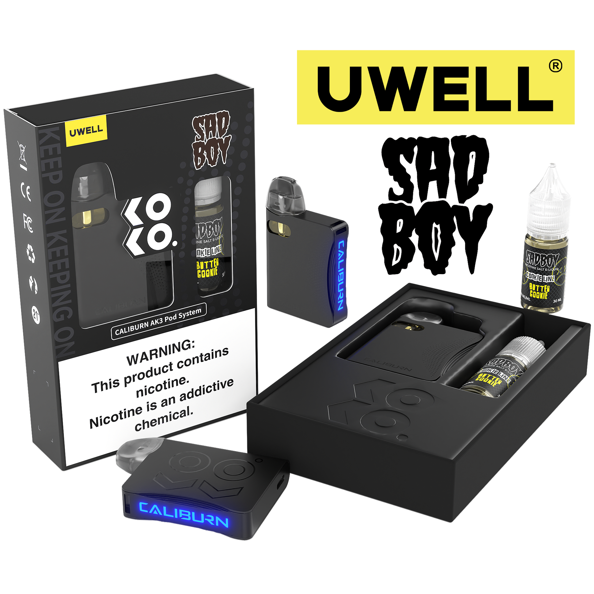 Uwell Caliburn AK3 Kit + A3S 0.8ohm Pods (x2) + Daddy's Vapor 10mL Salts 50mg Black Flavor: Butter Cookie Packaging