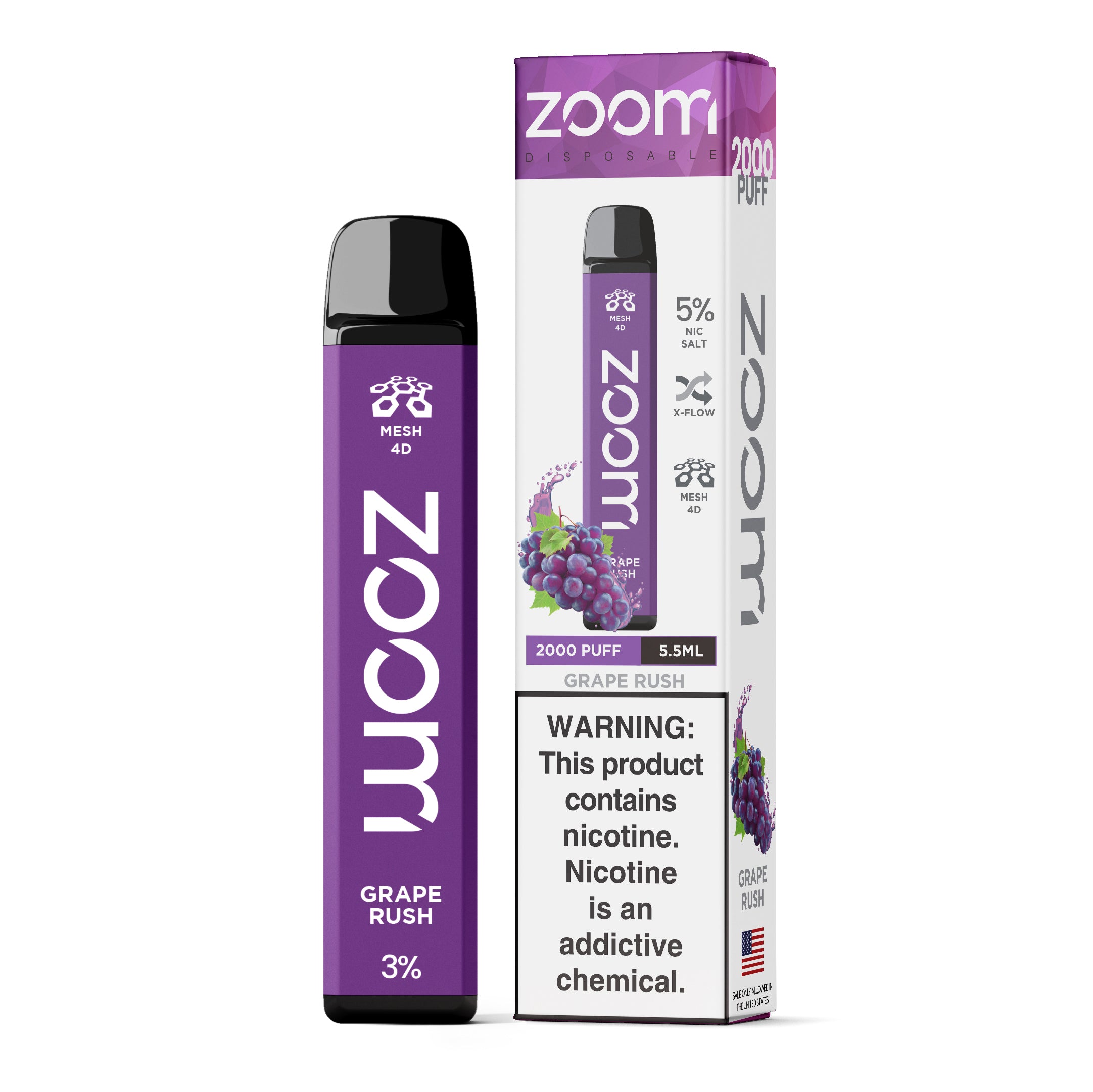 Zoom Disposable | 2000 Puffs | 5.5mL Grape Rush with packaging