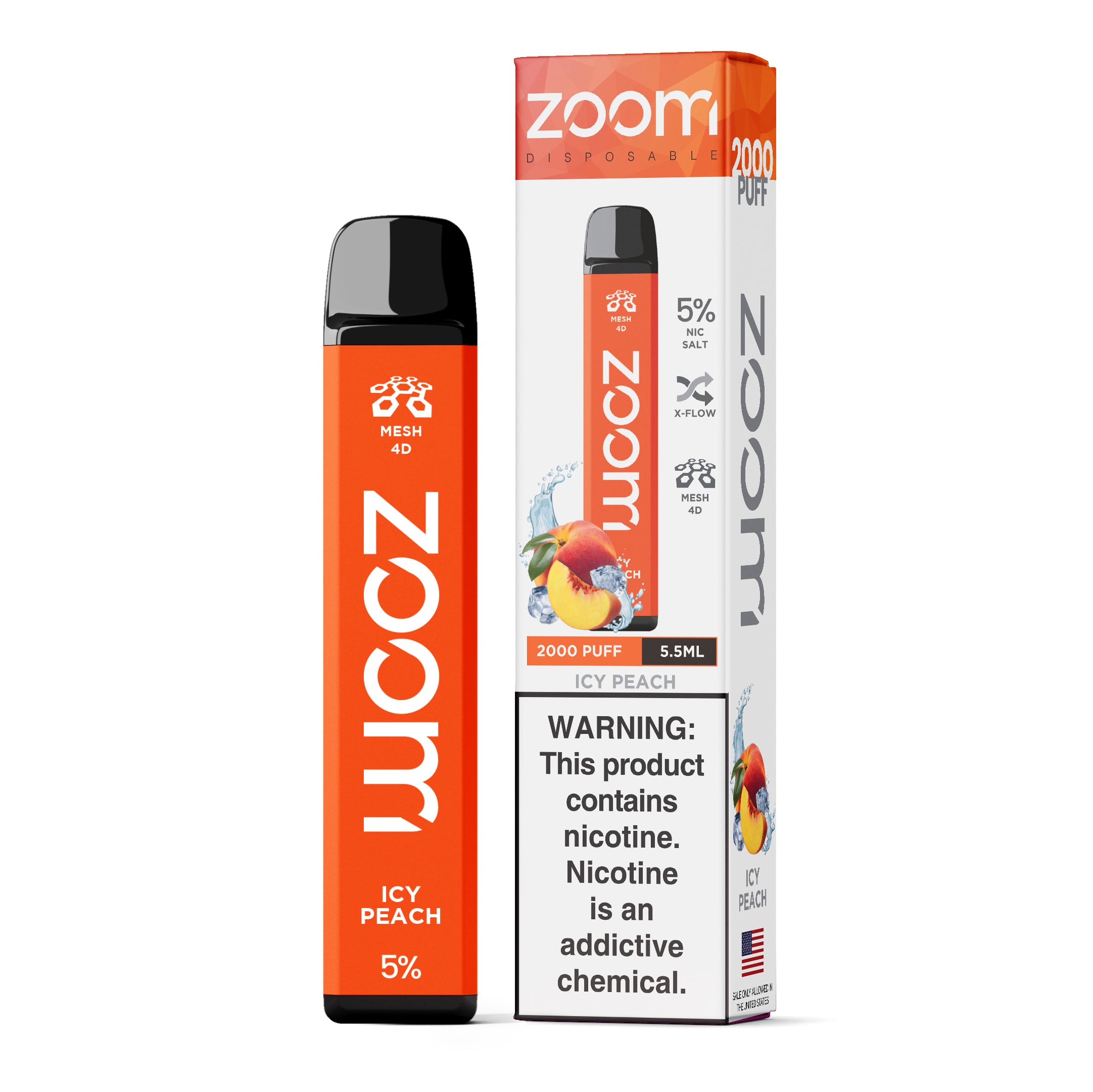 Zoom Disposable | 2000 Puffs | 5.5mL Icy Peach with packaging