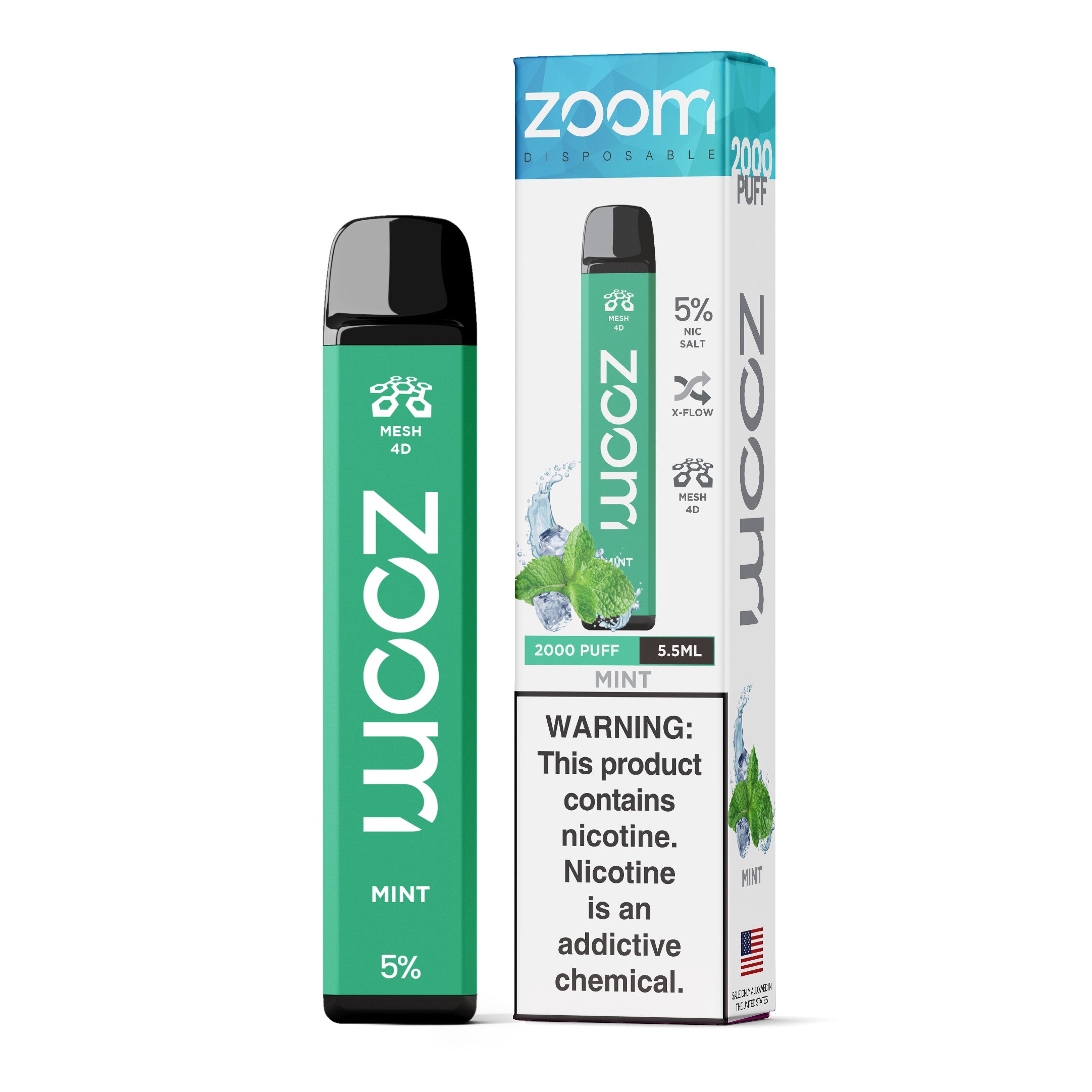 Zoom Disposable | 2000 Puffs | 5.5mL Mint with packaging