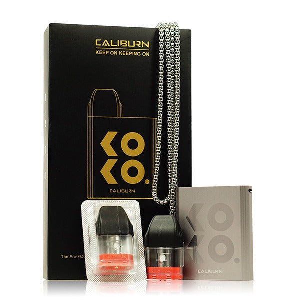 Uwell Caliburn KOKO Pod System Kit with packaging and parts