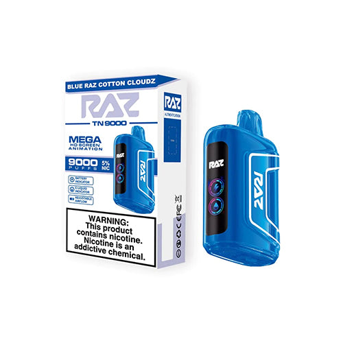 RAZ TN9000 Disposable 9000 Puffs 12mL 50mg blue raz cotton cloudz with packaging