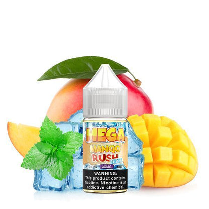 Mango Rush Ice by Mega E-Liquids Salts Series 30mL Bottle with background