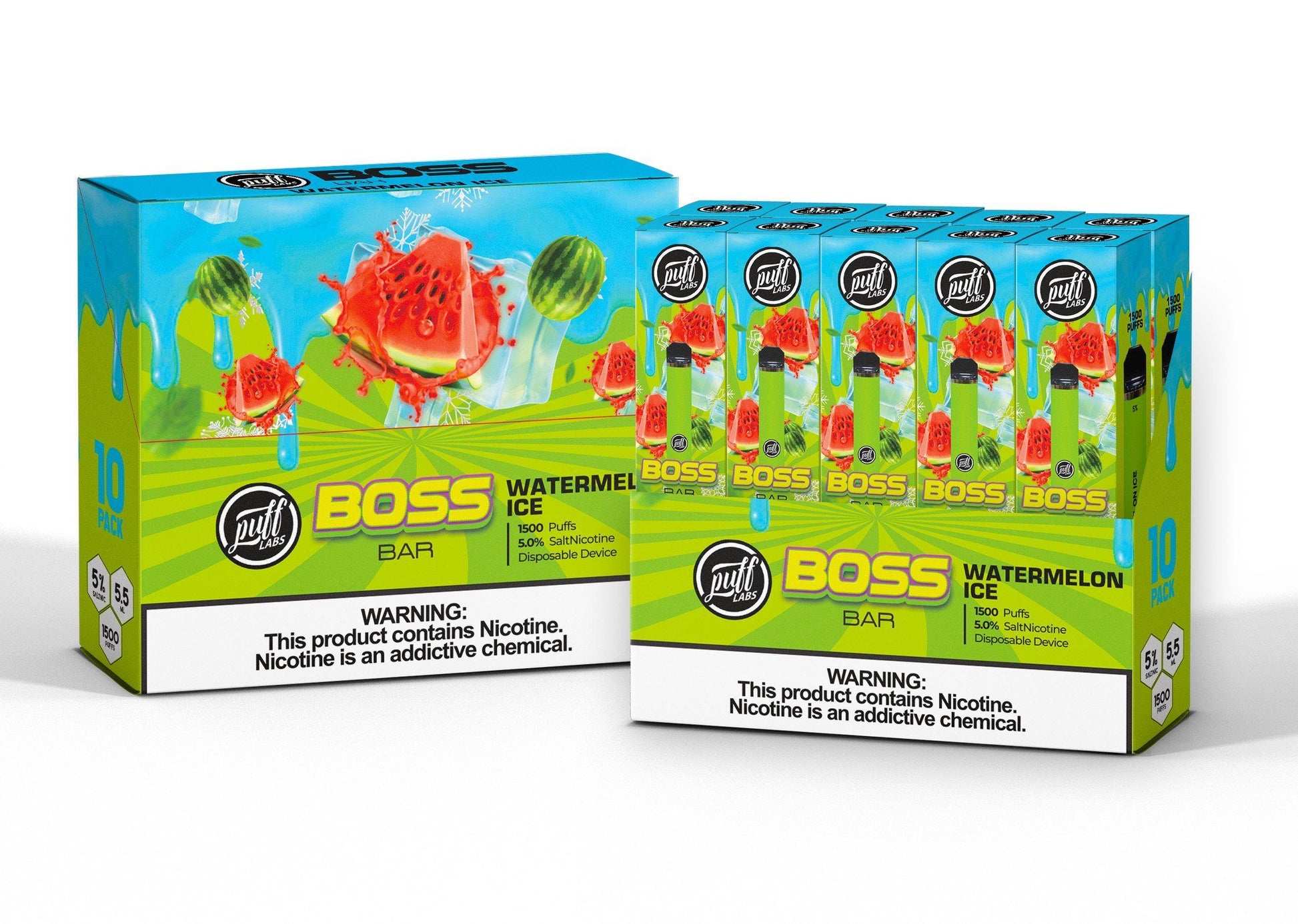 Puff Labs Puff Boss Bar Disposable | 1500 Puffs | 5.5mL Watermelon Ice Packaging
