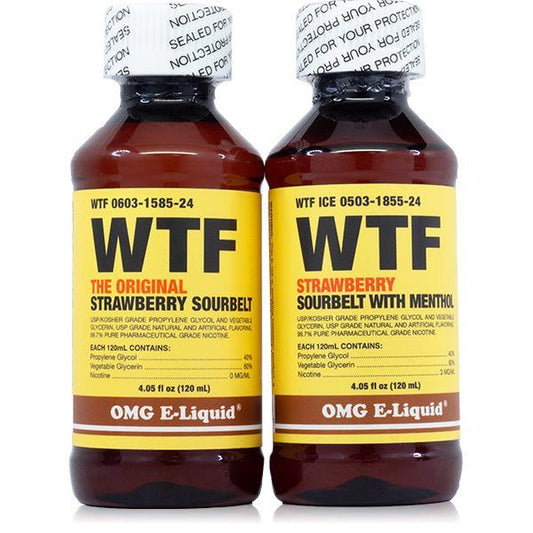 WTF by OMG E-Liquid (Old Packaging) 120mL Bottle Group Photo